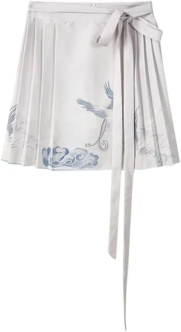 JYHBHMZG Chinese Style Brocade Pleated Mini Skirt Women Summer Chinese Style High Waist A-Line Horse Face Skirt