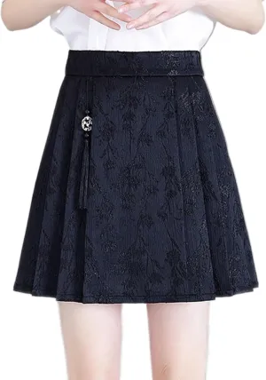 JYHBHMZG Chinese Style Brocade Pleated Skirt Women Summer High Waist Slim Fit A-Line Mini Skirt Horse Face Skirt