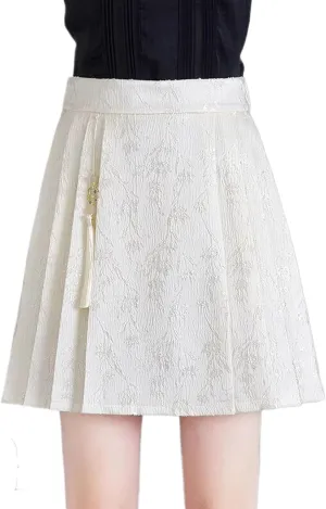 JYHBHMZG Chinese Style Brocade Pleated Skirt Women Summer High Waist Slim Fit A-Line Mini Skirt Horse Face Skirt