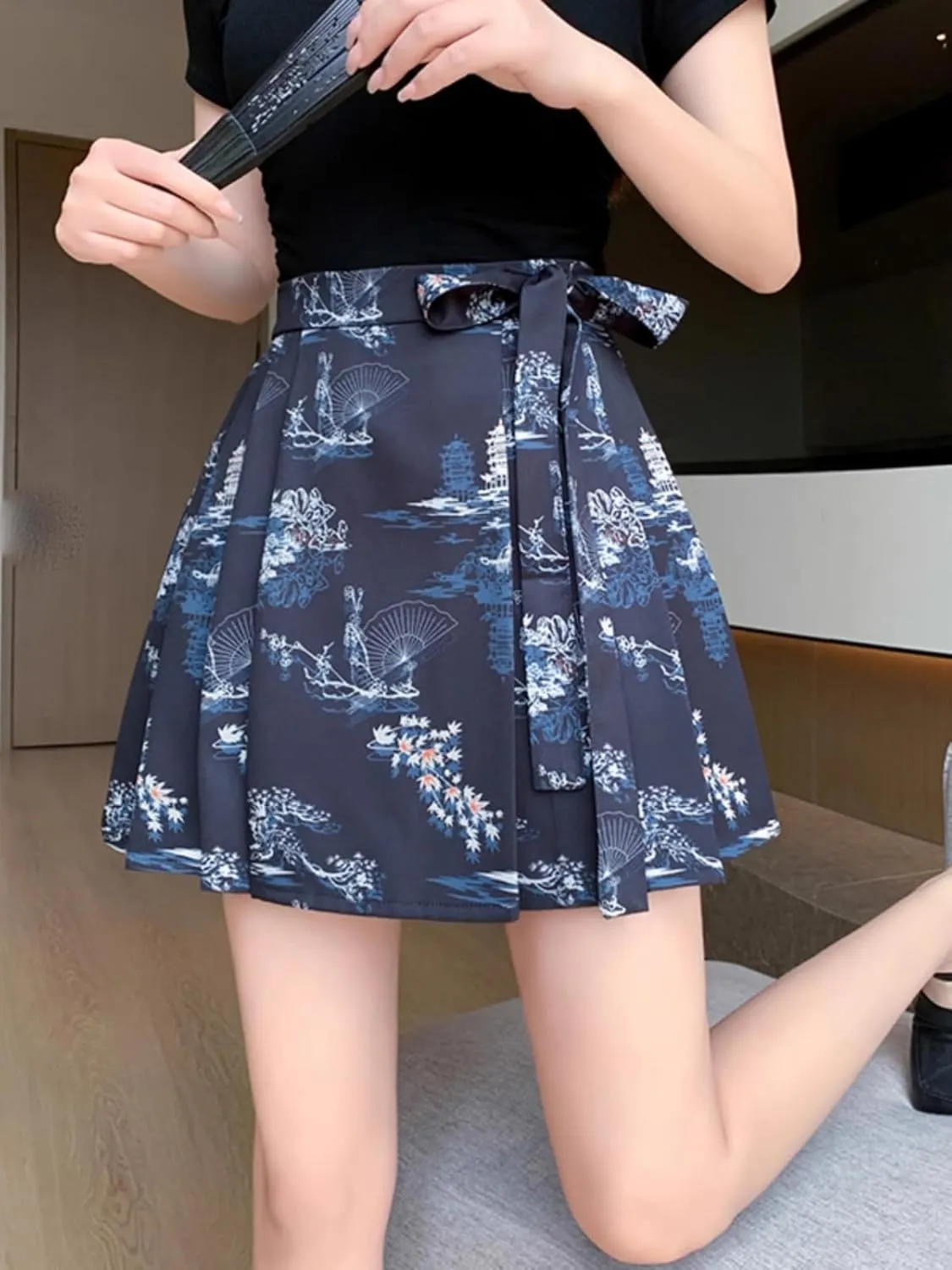 JYHBHMZG Chinese Style Horse Face Half Skirt Women's Clothing Summer Year Petite Pleated High Waist Mini Skirt