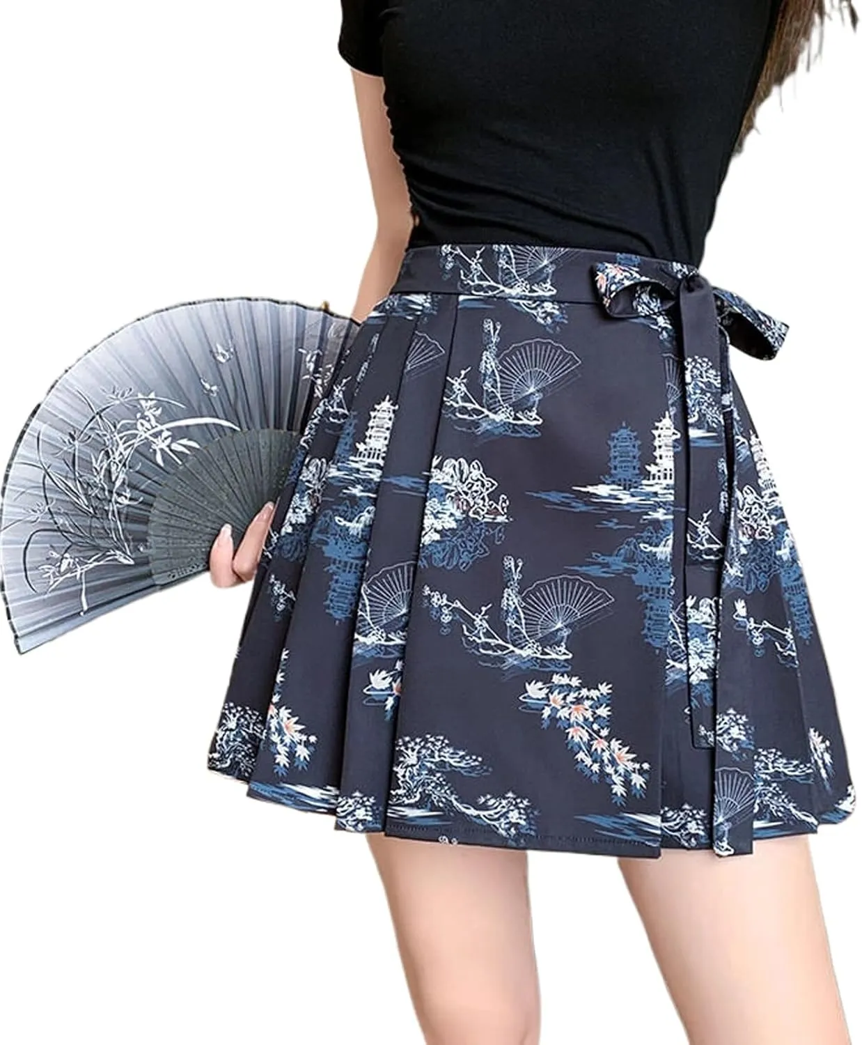 JYHBHMZG Chinese Style Horse Face Half Skirt Women's Clothing Summer Year Petite Pleated High Waist Mini Skirt