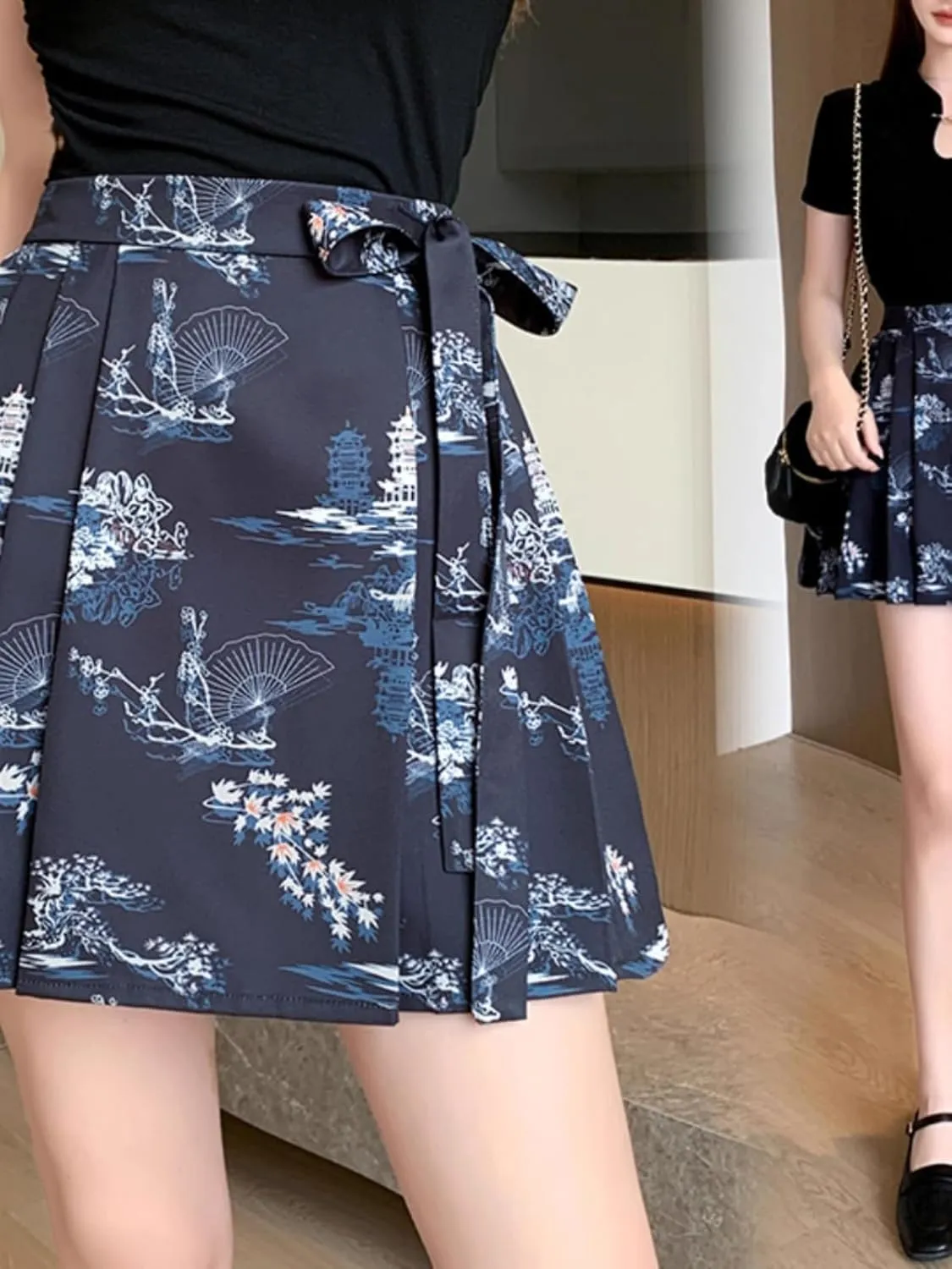 JYHBHMZG Chinese Style Horse Face Half Skirt Women's Clothing Summer Year Petite Pleated High Waist Mini Skirt