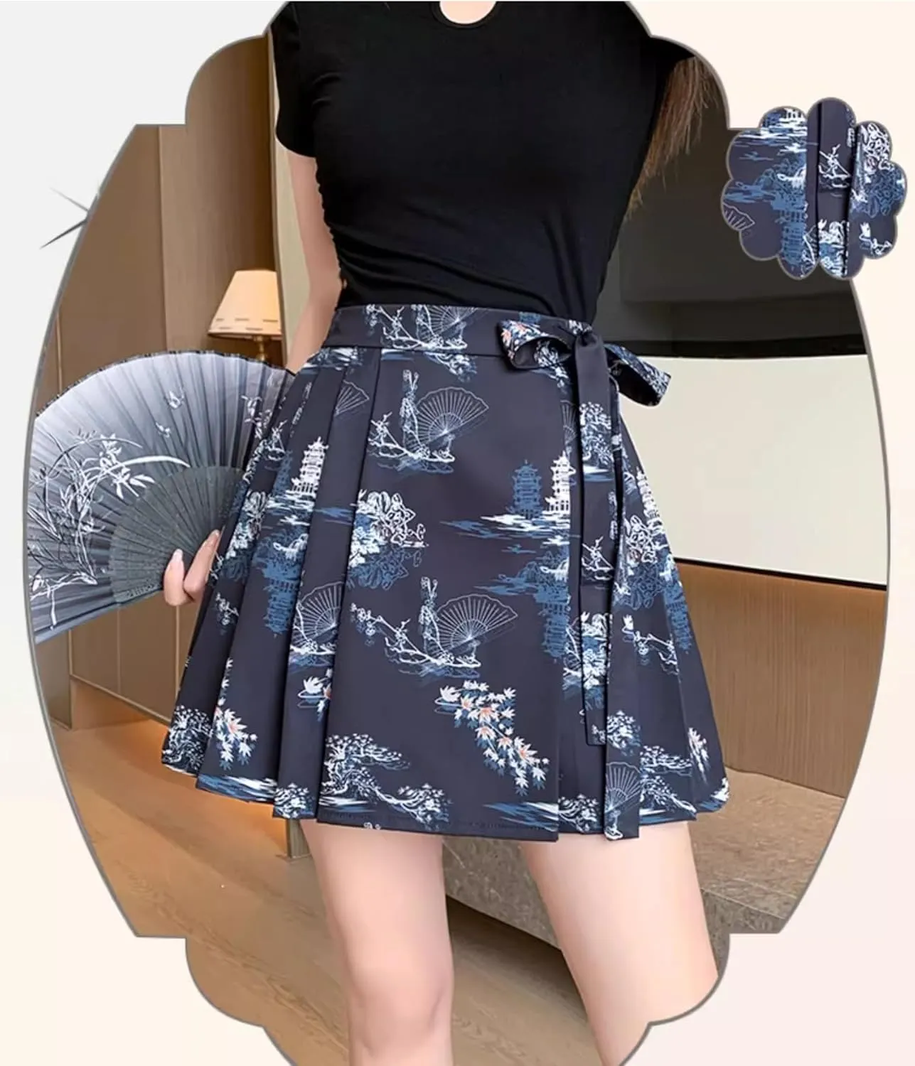 JYHBHMZG Chinese Style Horse Face Half Skirt Women's Clothing Summer Year Petite Pleated High Waist Mini Skirt
