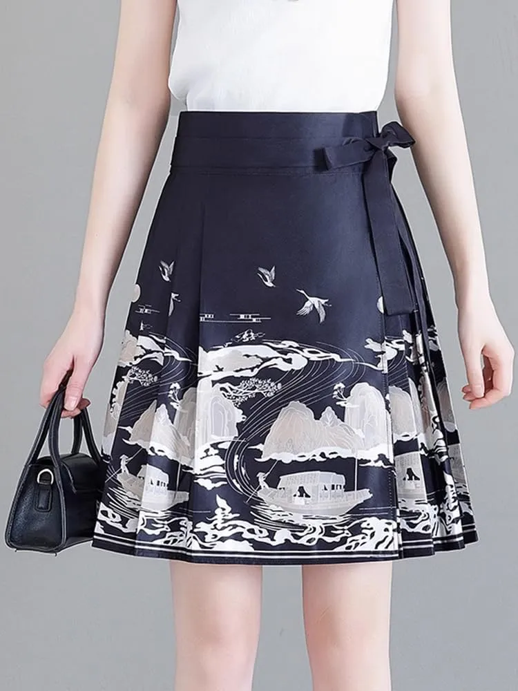 JYHBHMZG Chinese Style Horse Face Skirt Half Skirt Women Summer Brocade Slim Fit Conceal HIPS Pleated Mini Skirt
