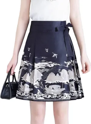 JYHBHMZG Chinese Style Horse Face Skirt Half Skirt Women Summer Brocade Slim Fit Conceal HIPS Pleated Mini Skirt