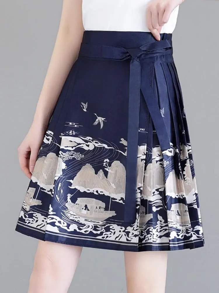 JYHBHMZG Chinese Style Horse Face Skirt Half Skirt Women Summer Brocade Slim Fit Conceal HIPS Pleated Mini Skirt