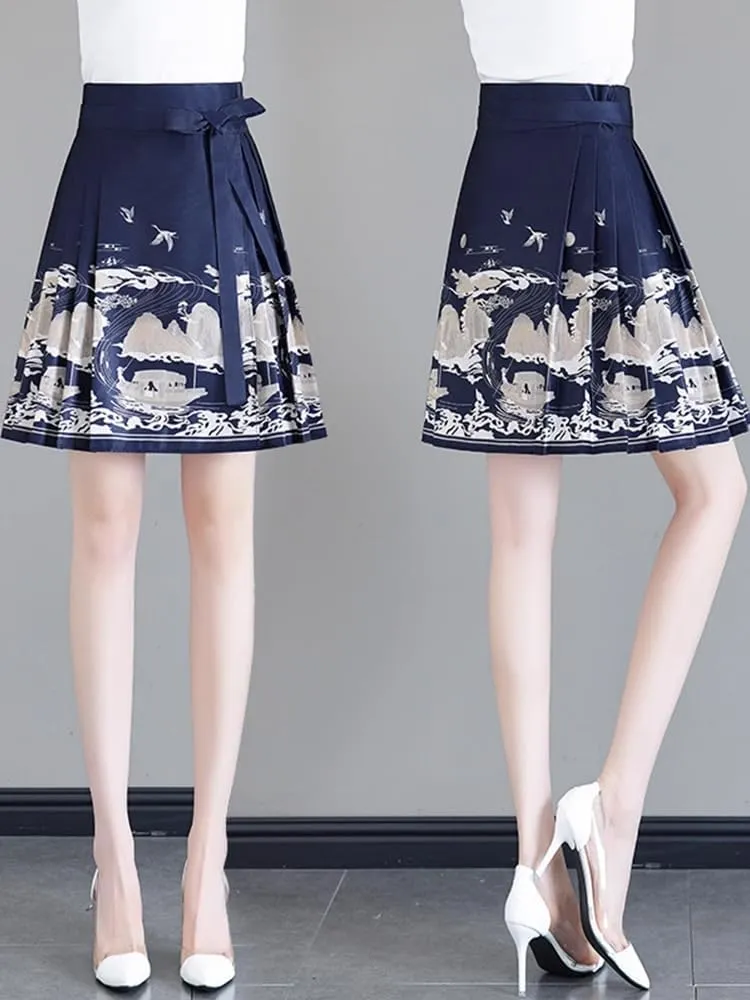 JYHBHMZG Chinese Style Horse Face Skirt Half Skirt Women Summer Brocade Slim Fit Conceal HIPS Pleated Mini Skirt
