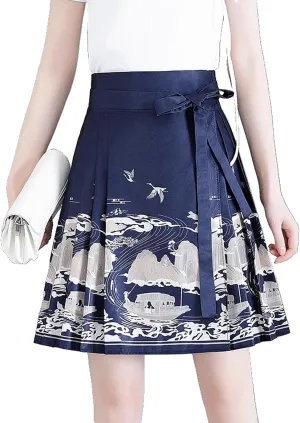 JYHBHMZG Chinese Style Horse Face Skirt Half Skirt Women Summer Brocade Slim Fit Conceal HIPS Pleated Mini Skirt