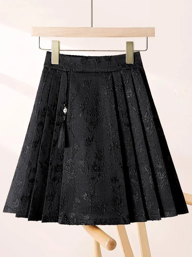 JYHBHMZG Chinese Style Horse Face Skirt Summer High Waist A-Line Mini Skirt Sweet Brocade Pleated Mini Skirt Women