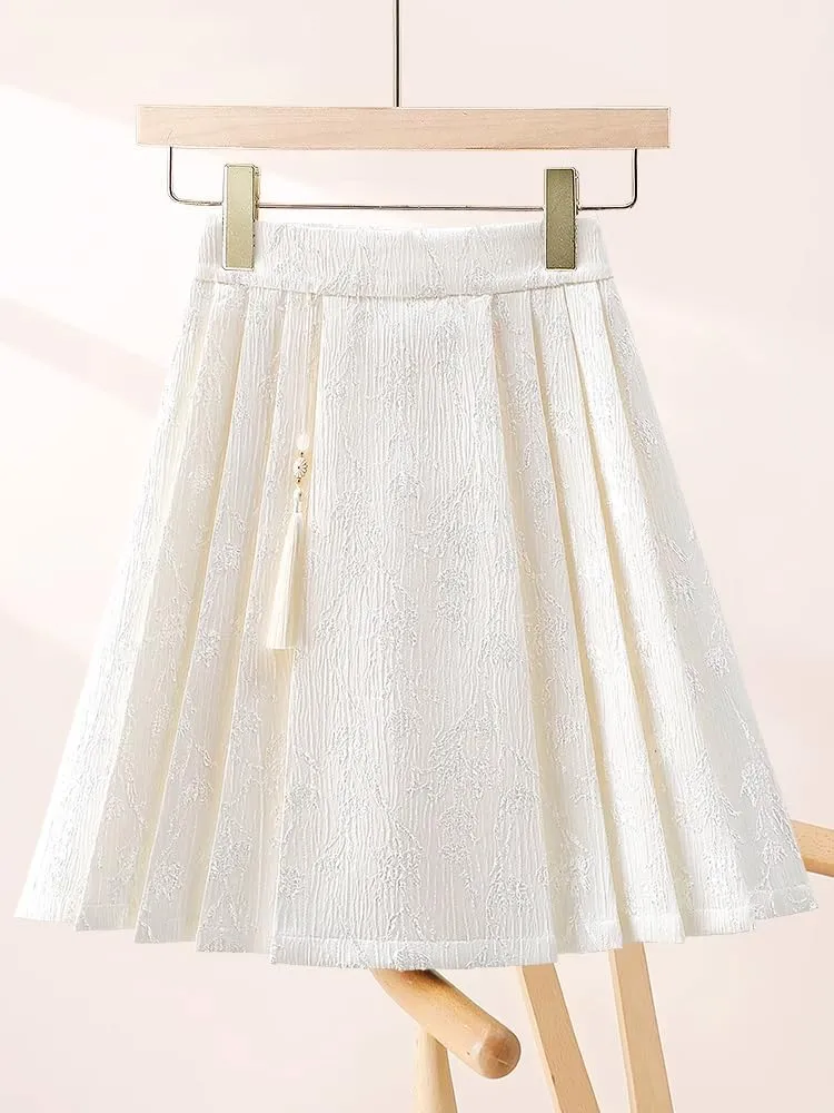 JYHBHMZG Chinese Style Horse Face Skirt Summer High Waist A-Line Mini Skirt Sweet Brocade Pleated Mini Skirt Women