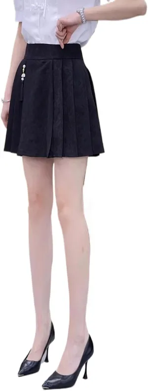 JYHBHMZG Chinese Style Horse Face Skirt Women Summer Thin High Waist A-Line Mini Skirt Petite Brocade Pleated Skirt Black M