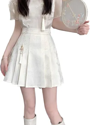 JYHBHMZG Chinese Style Irregular Pleated Mini Skirt Women Summer High Waist A-Line Half Skirt
