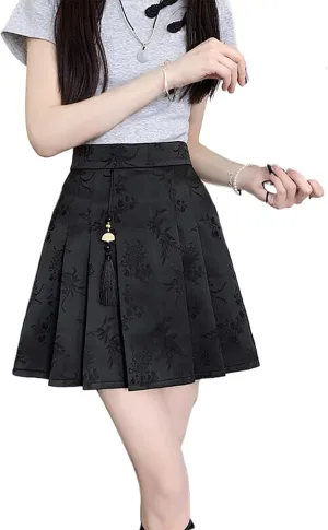 JYHBHMZG Chinese Style Irregular Pleated Mini Skirt Women Summer High Waist A-Line Half Skirt