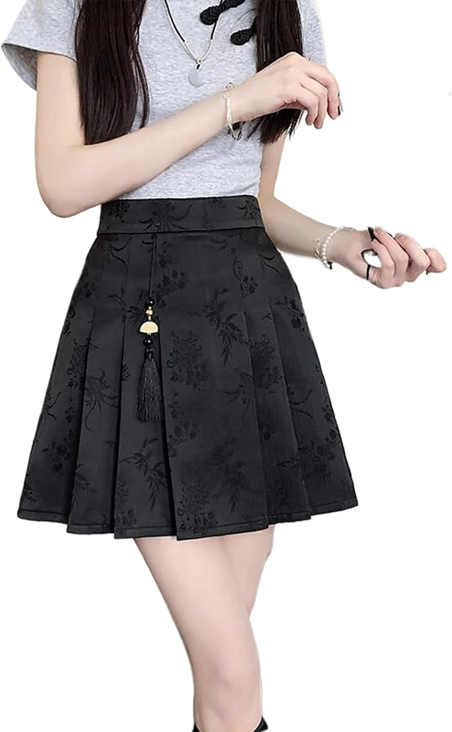 JYHBHMZG Chinese Style Irregular Pleated Mini Skirt Women Summer High Waist A-Line Half Skirt