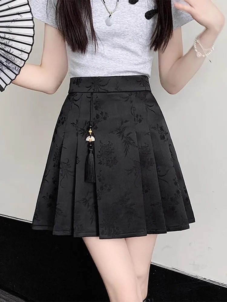 JYHBHMZG Chinese Style Irregular Pleated Mini Skirt Women Summer High Waist A-Line Half Skirt