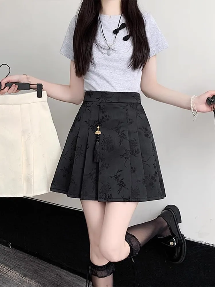 JYHBHMZG Chinese Style Irregular Pleated Mini Skirt Women Summer High Waist A-Line Half Skirt