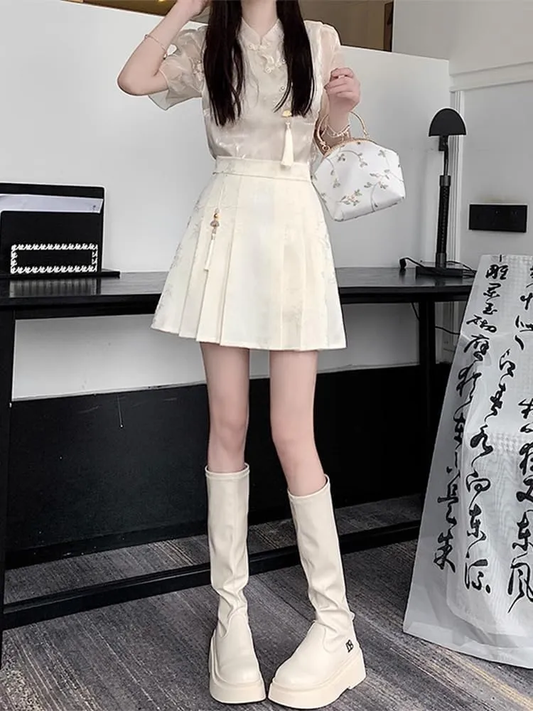 JYHBHMZG Chinese Style Irregular Pleated Mini Skirt Women Summer High Waist A-Line Half Skirt