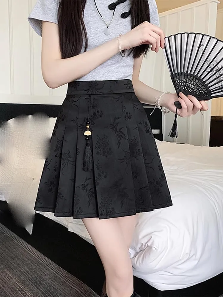 JYHBHMZG Chinese Style Irregular Pleated Mini Skirt Women Summer High Waist A-Line Half Skirt