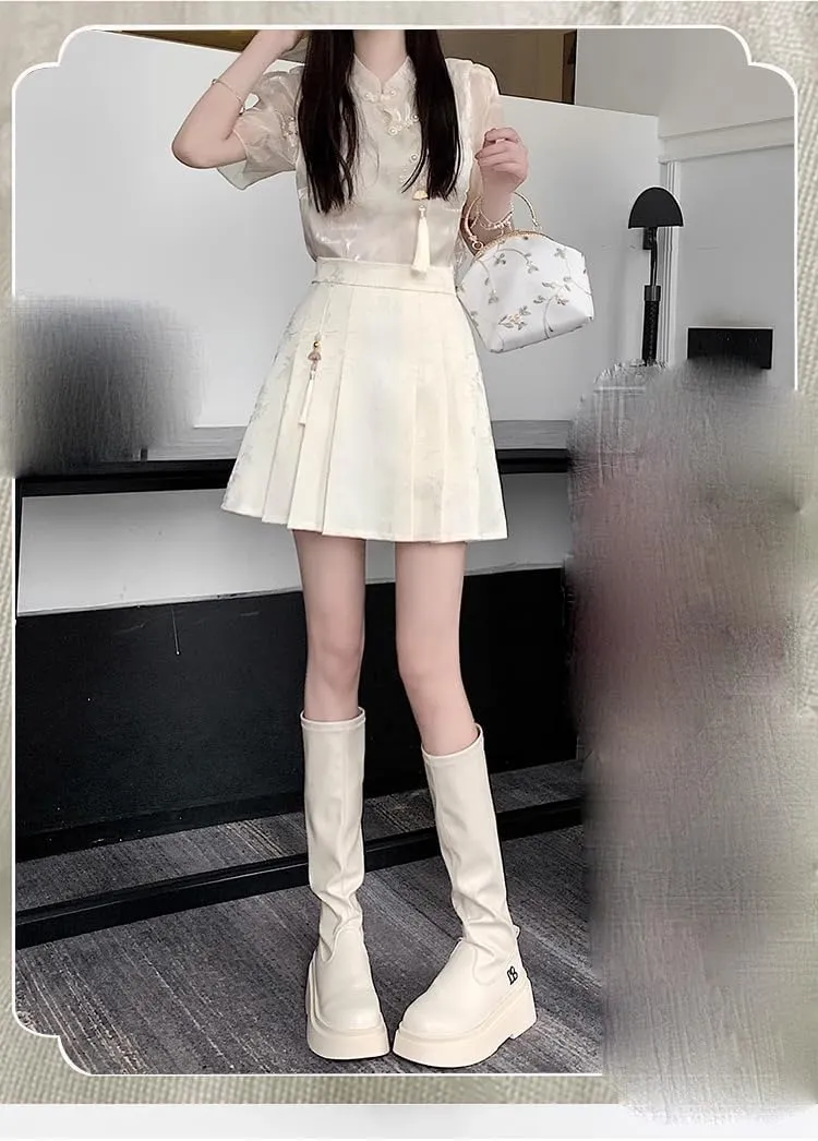 JYHBHMZG Chinese Style Irregular Pleated Mini Skirt Women Summer High Waist A-Line Half Skirt