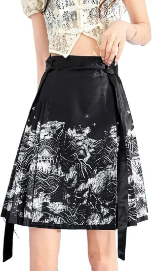 JYHBHMZG Chinese Style Mini Skirt Women Summer A-Line Pleated Skirt Draped Horse Face Skirt