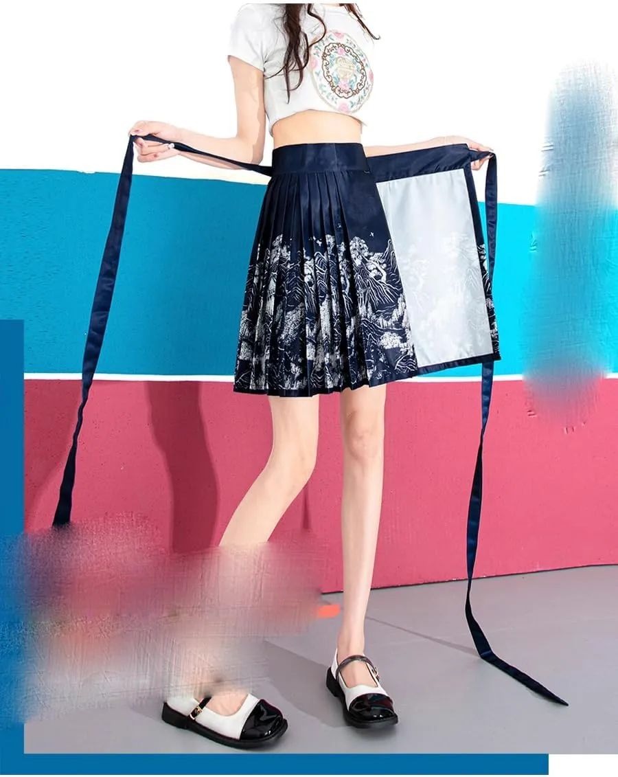 JYHBHMZG Chinese Style Mini Skirt Women Summer A-Line Pleated Skirt Draped Horse Face Skirt