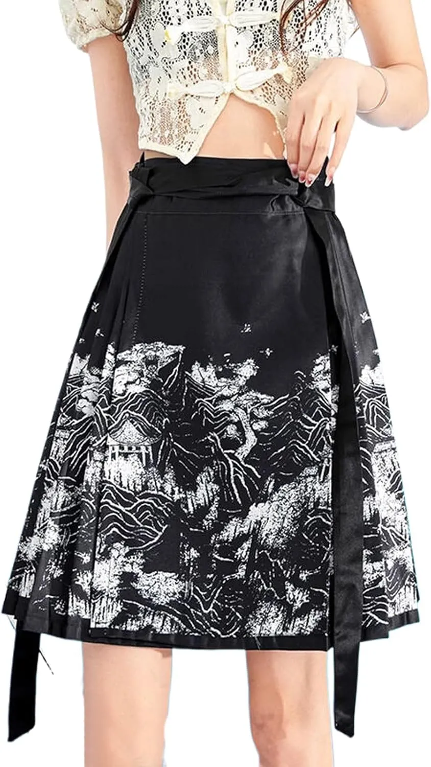 JYHBHMZG Chinese Style Mini Skirt Women Summer A-Line Pleated Skirt Draped Horse Face Skirt