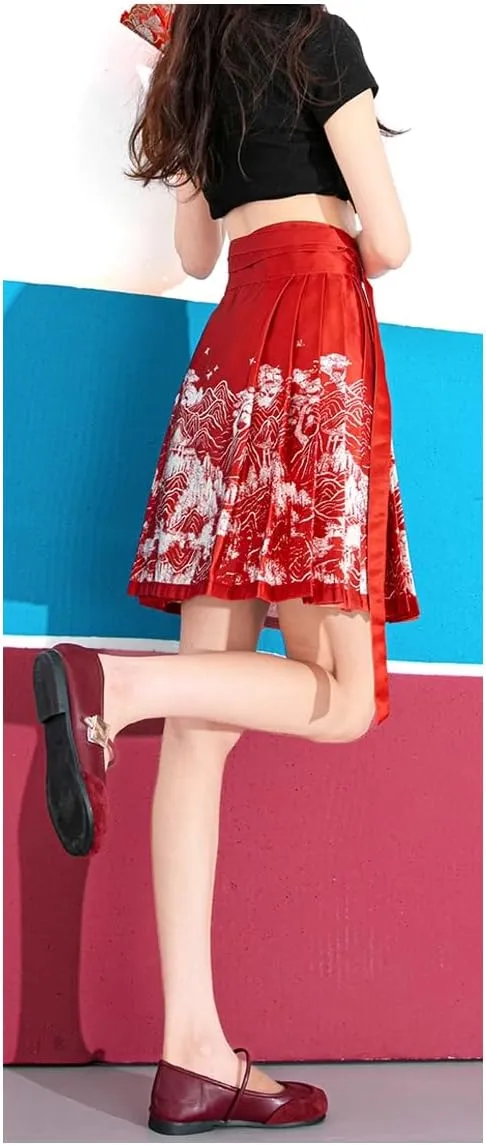 JYHBHMZG Chinese Style Mini Skirt Women Summer A-Line Pleated Skirt Draped Horse Face Skirt