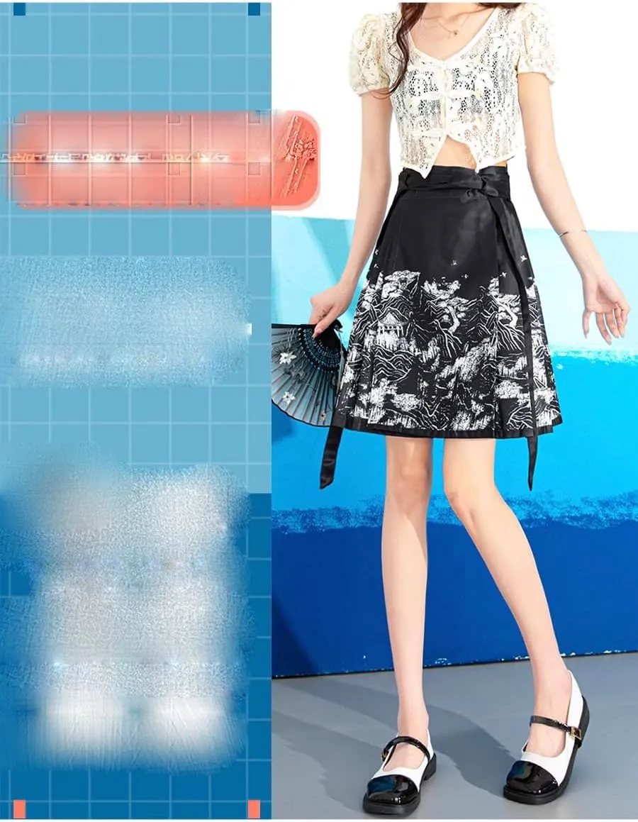 JYHBHMZG Chinese Style Mini Skirt Women Summer A-Line Pleated Skirt Draped Horse Face Skirt