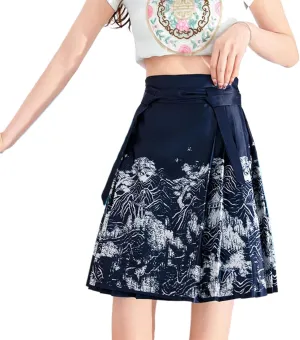 JYHBHMZG Chinese Style Mini Skirt Women Summer A-Line Pleated Skirt Draped Horse Face Skirt
