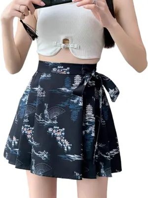 JYHBHMZG Chinese Style Pleated Horse Face Skirt Mini Skirt Women Spring Summer Petite High Waist A-Line Chinese Mini Skirt