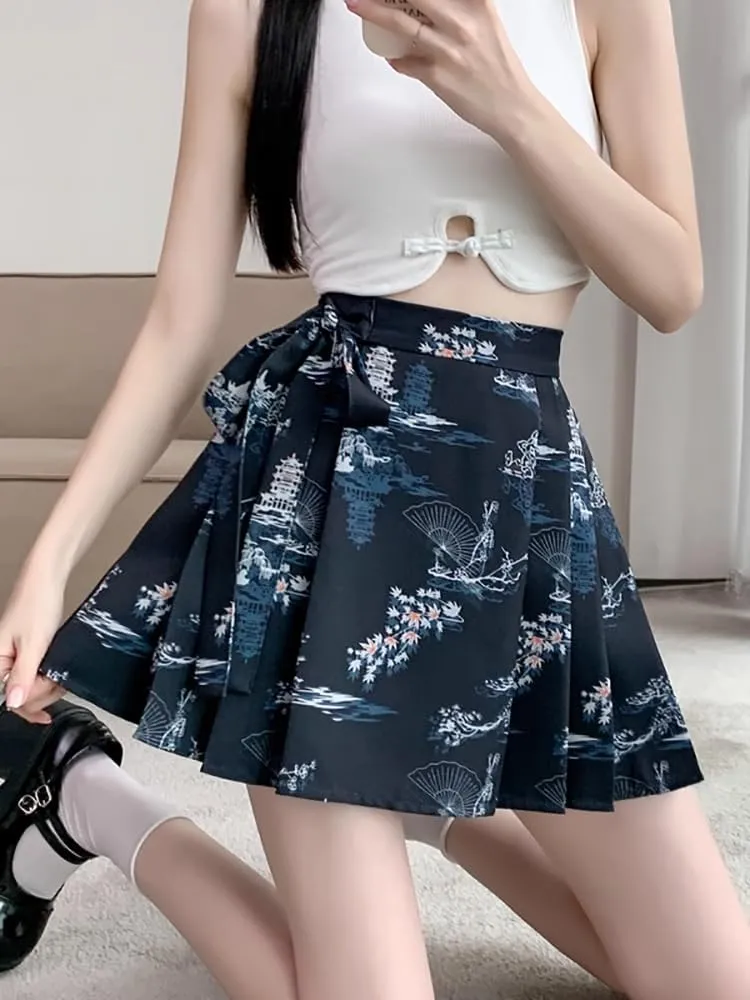 JYHBHMZG Chinese Style Pleated Horse Face Skirt Mini Skirt Women Spring Summer Petite High Waist A-Line Chinese Mini Skirt