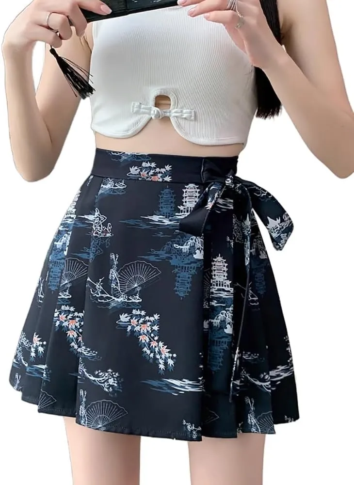 JYHBHMZG Chinese Style Pleated Horse Face Skirt Mini Skirt Women Spring Summer Petite High Waist A-Line Chinese Mini Skirt
