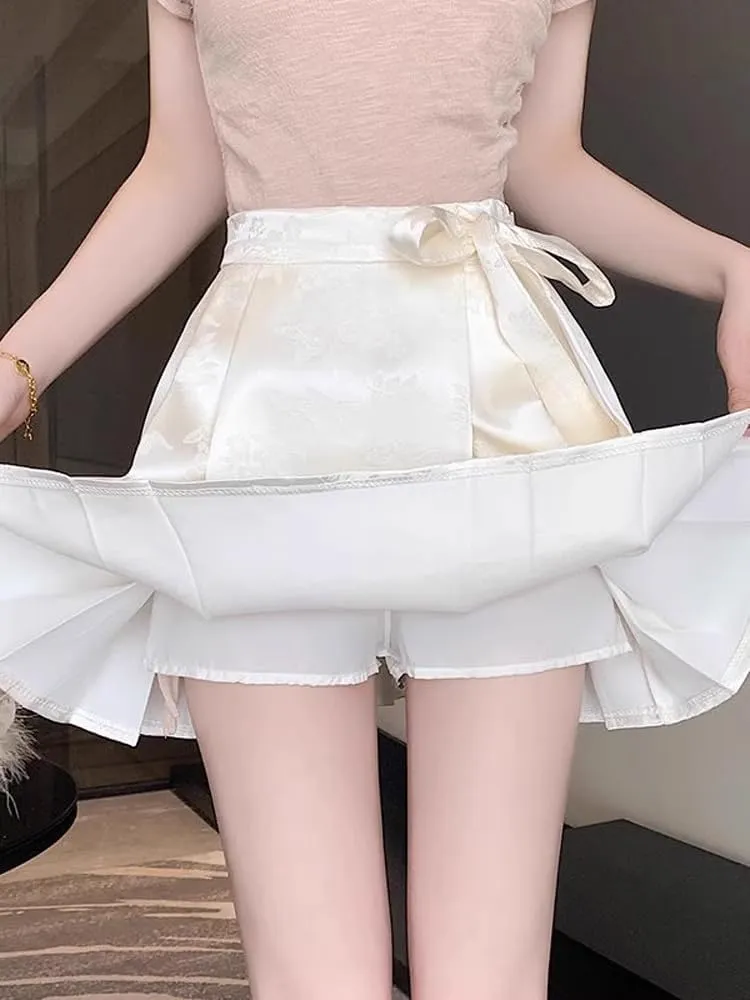 JYHBHMZG Chinese Style Pleated Horse Face Skirt Mini Skirt Women's Clothing Spring Summer Petite High Waist A-Line Mini Skirt