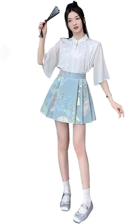 JYHBHMZG Chinese Style Pleated Horse Face Skirt Mini Skirt Women's Clothing Spring Summer Year Short A-Line Mini Skirt