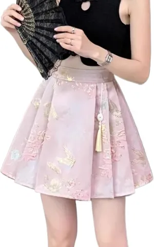 JYHBHMZG Chinese Style Pleated Horse Face Skirt Mini Skirt Women's Clothing Spring Summer Year Short A-Line Mini Skirt