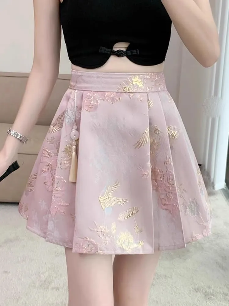 JYHBHMZG Chinese Style Pleated Horse Face Skirt Mini Skirt Women's Clothing Spring Summer Year Short A-Line Mini Skirt