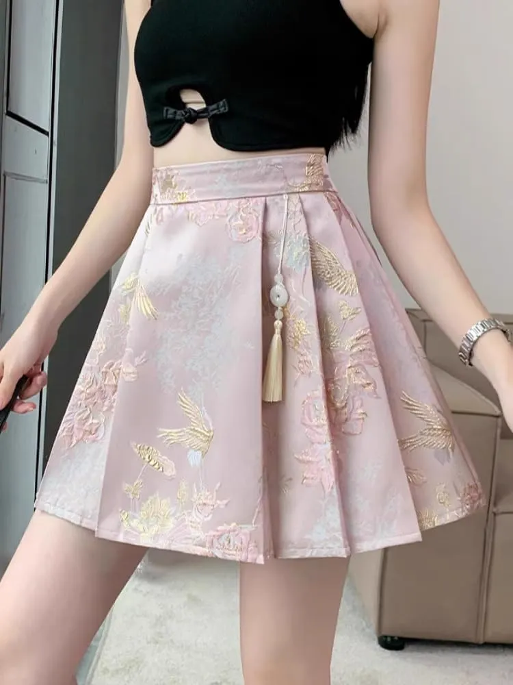 JYHBHMZG Chinese Style Pleated Horse Face Skirt Mini Skirt Women's Clothing Spring Summer Year Short A-Line Mini Skirt