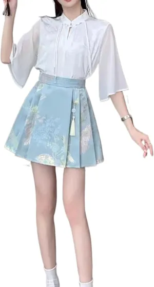 JYHBHMZG Chinese Style Pleated Horse Face Skirt Mini Skirt Women's Clothing Spring Summer Year Short A-Line Mini Skirt