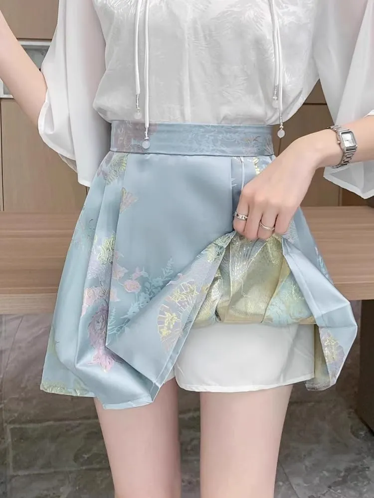JYHBHMZG Chinese Style Pleated Horse Face Skirt Mini Skirt Women's Clothing Spring Summer Year Short A-Line Mini Skirt
