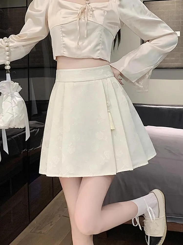 JYHBHMZG Chinese Style Pleated Mini Skirt Women Summer High Waist A-Line Hip-Wrap Half Skirt