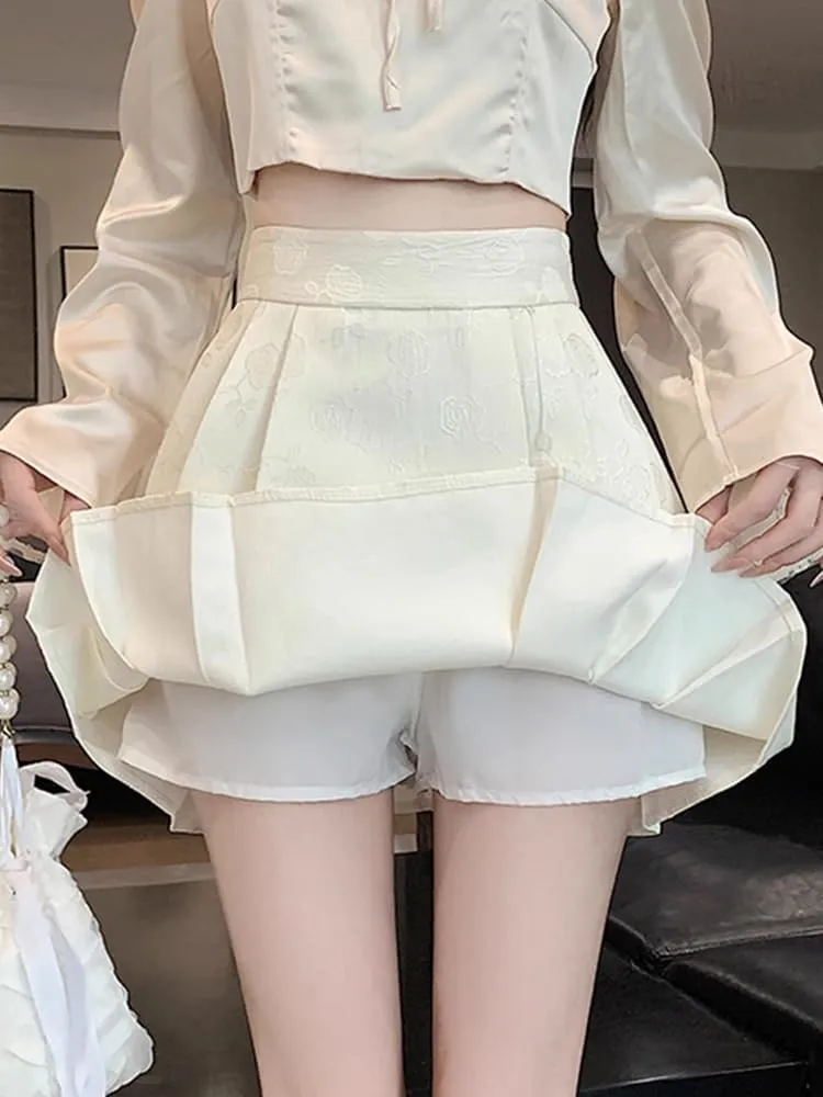 JYHBHMZG Chinese Style Pleated Mini Skirt Women Summer High Waist A-Line Hip-Wrap Half Skirt