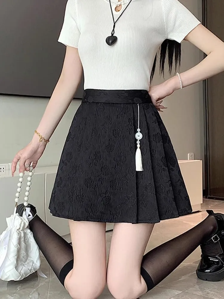 JYHBHMZG Chinese Style Pleated Mini Skirt Women Summer High Waist A-Line Hip-Wrap Half Skirt