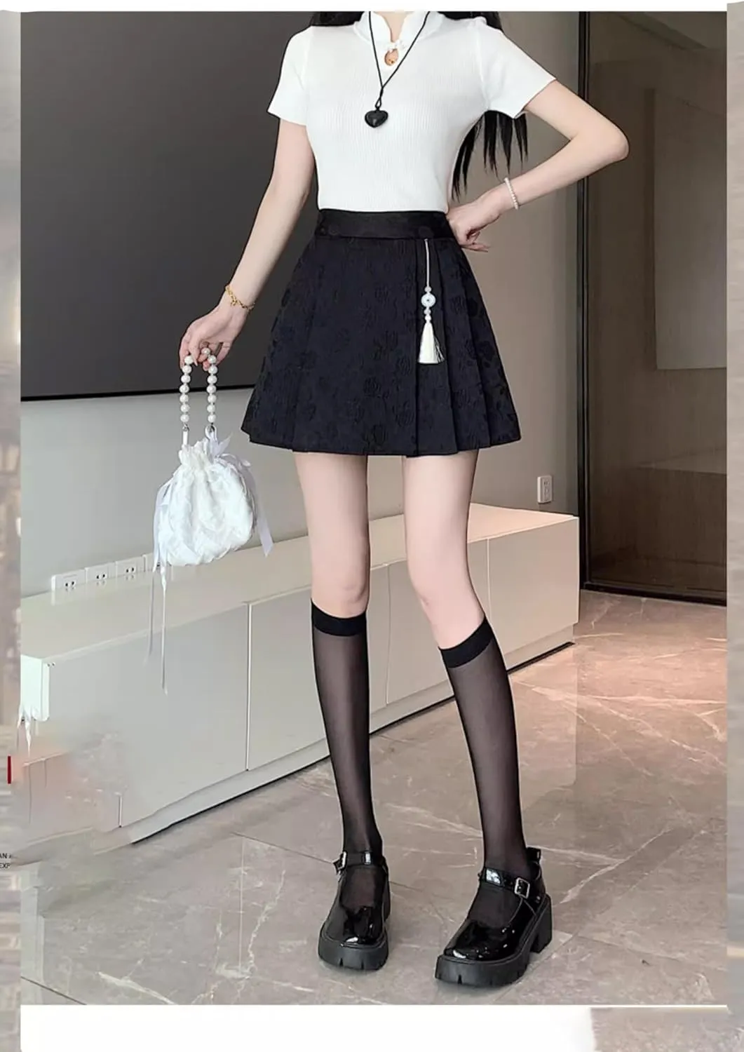 JYHBHMZG Chinese Style Pleated Mini Skirt Women Summer High Waist A-Line Hip-Wrap Half Skirt