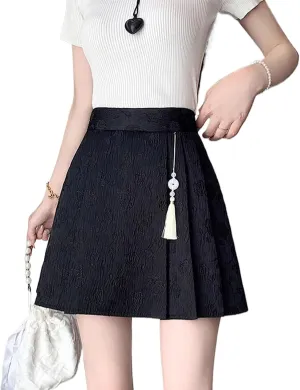 JYHBHMZG Chinese Style Pleated Mini Skirt Women Summer High Waist A-Line Hip-Wrap Half Skirt