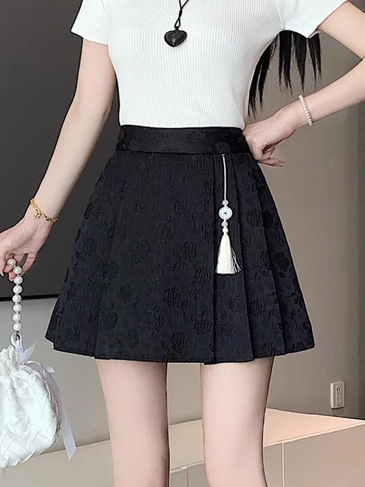 JYHBHMZG Chinese Style Pleated Mini Skirt Women Summer High Waist A-Line Hip-Wrap Half Skirt