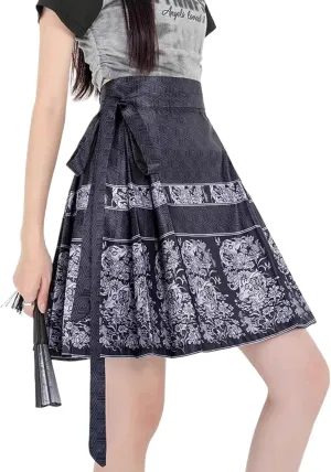 JYHBHMZG Chinese Style Pleated Mini Skirt Women's Clothing Spring Summer Petite High Waist A-Line Short Horse Face Skirt Black S