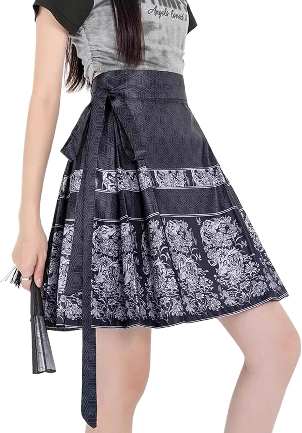 JYHBHMZG Chinese Style Pleated Mini Skirt Women's Clothing Spring Summer Petite High Waist A-Line Short Horse Face Skirt Black XL