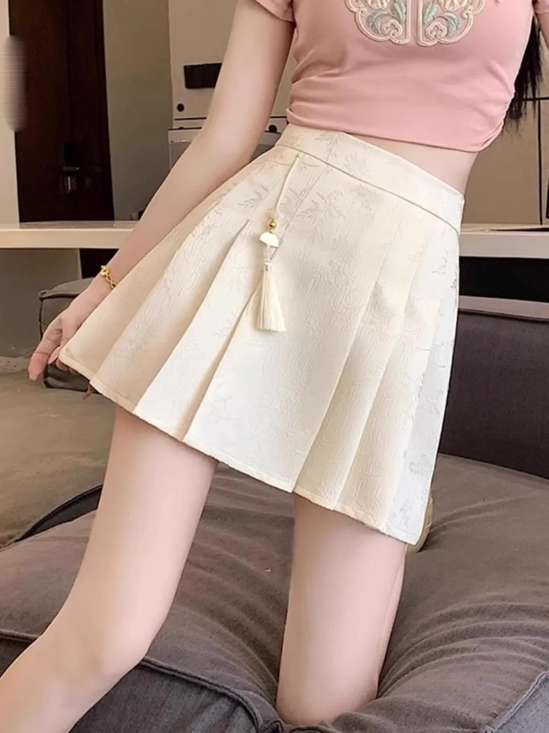 JYHBHMZG Korean Version Chinese Style Horse Face Skirt Half Skirt Women Summer High Waist Slim Fit A-Line Pleated Mini Skirt
