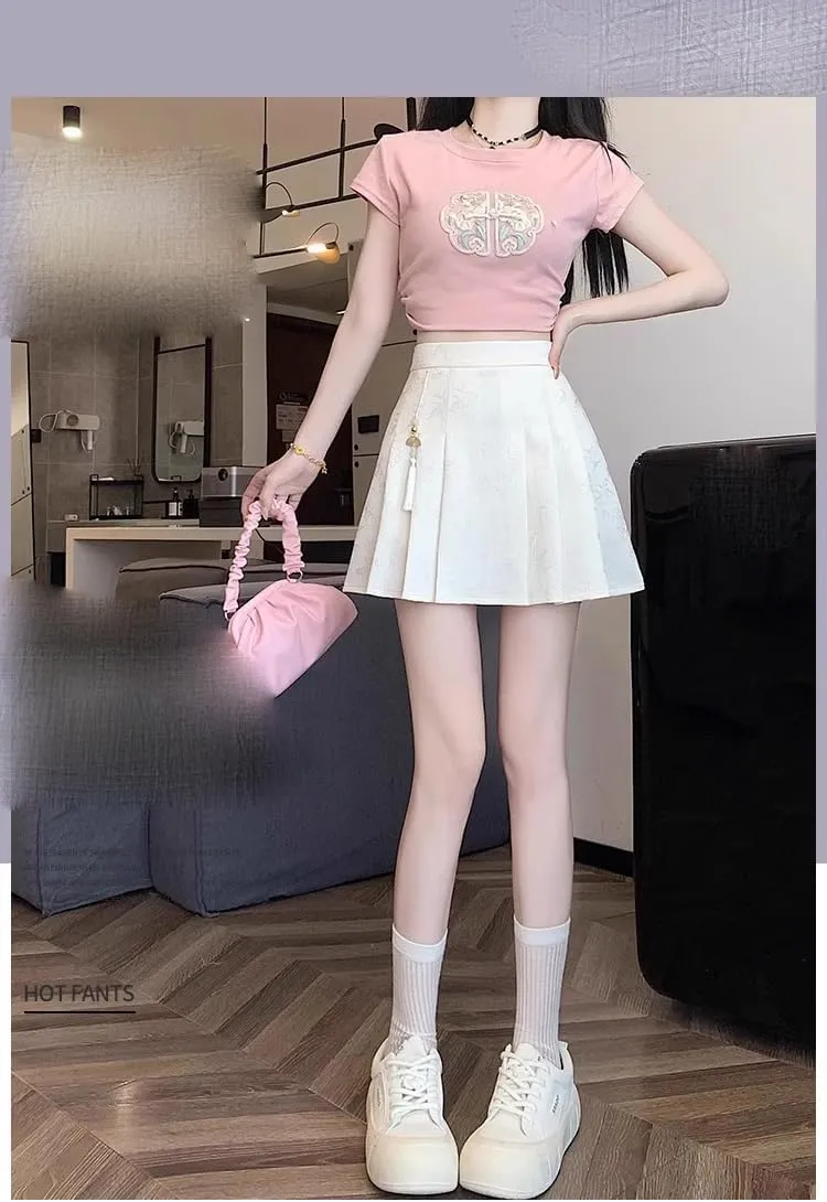 JYHBHMZG Korean Version Chinese Style Horse Face Skirt Half Skirt Women Summer High Waist Slim Fit A-Line Pleated Mini Skirt