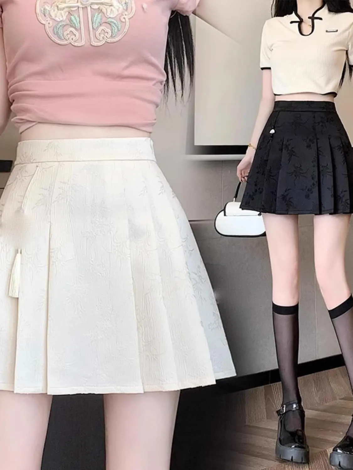 JYHBHMZG Korean Version Chinese Style Horse Face Skirt Half Skirt Women Summer High Waist Slim Fit A-Line Pleated Mini Skirt